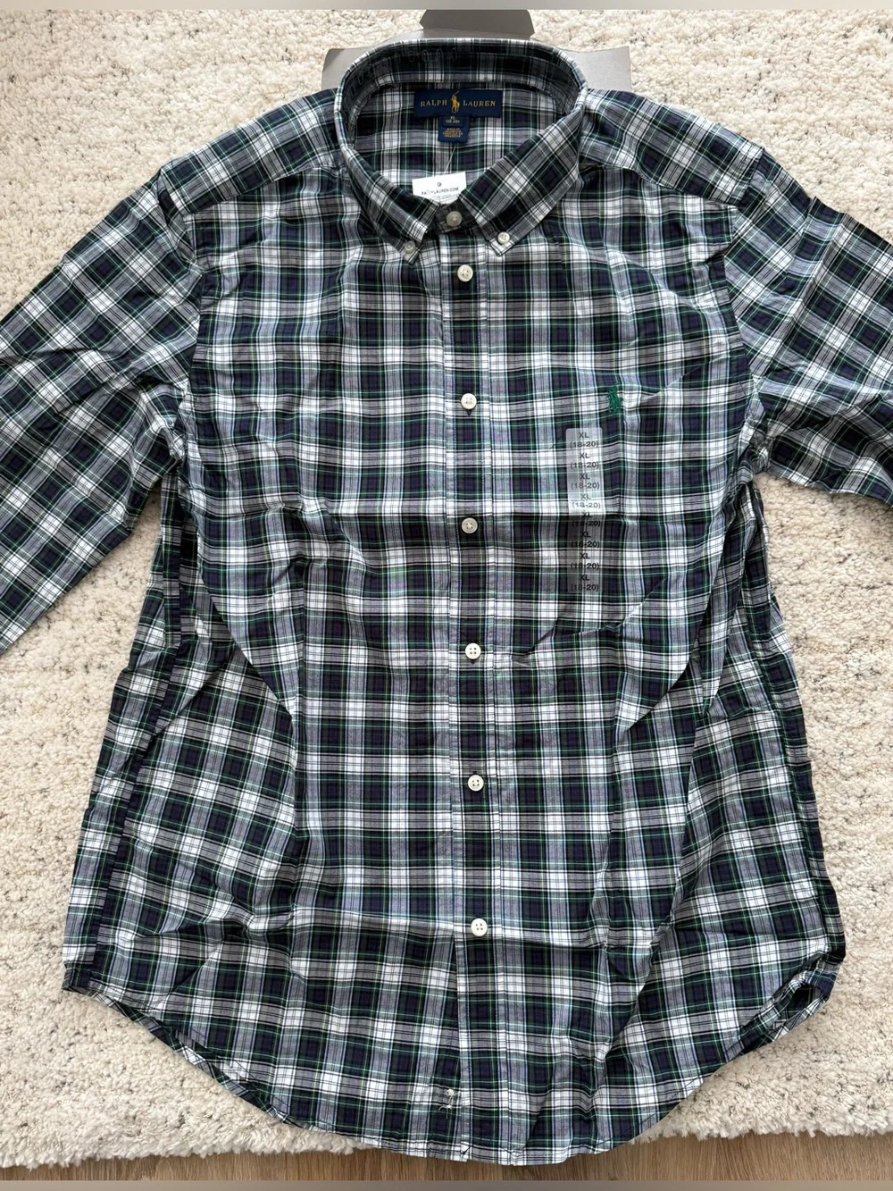 NWT Ralph Lauren Boys XL 18-20 Plaid Button Front Shirt Green Blue Cotton
